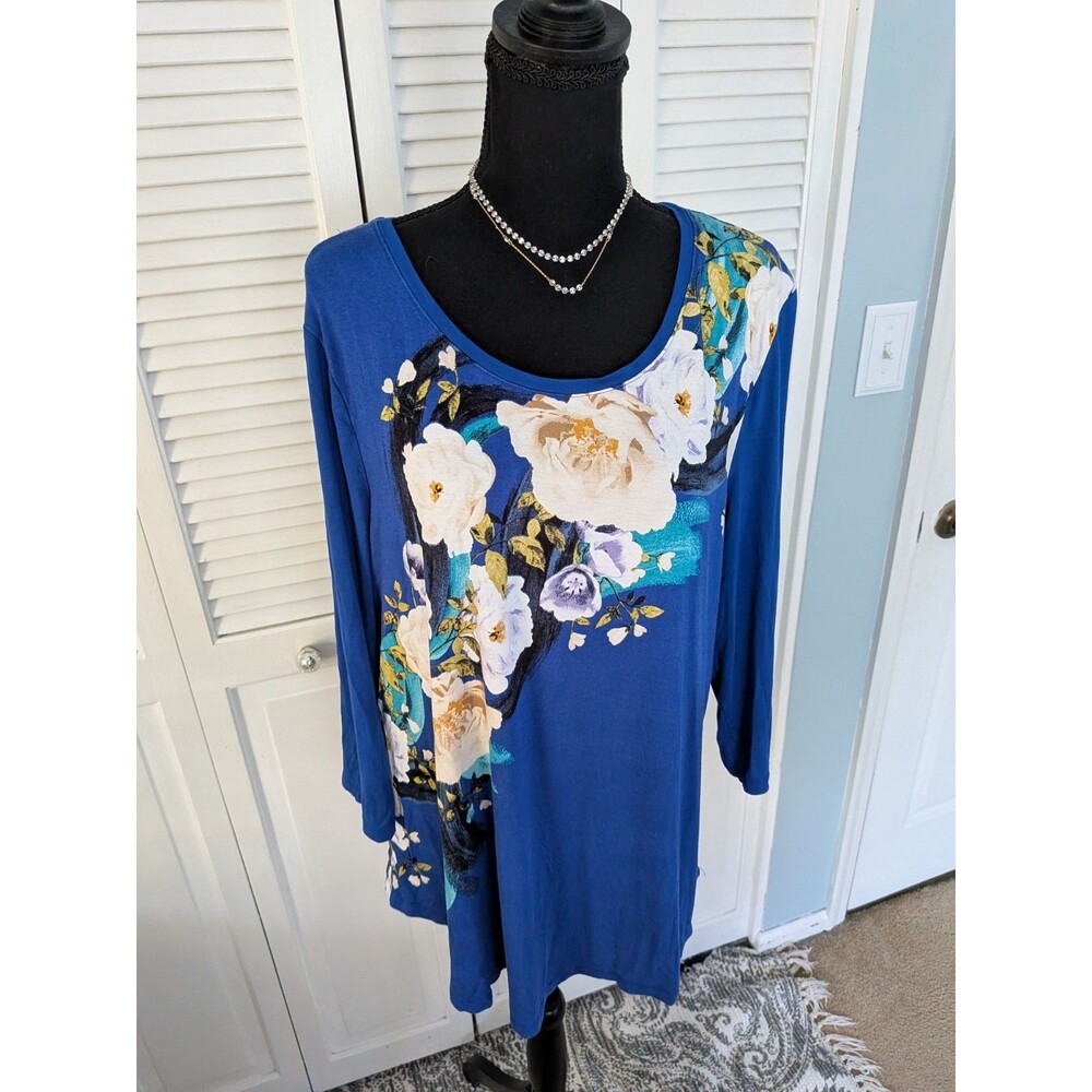 JM Collection Tunic Womens 2X Blue Abstract Floral Painted Artsy Top Stretchy